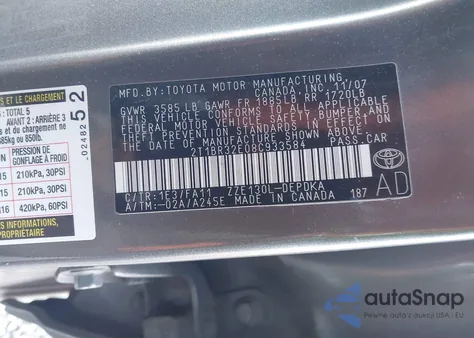 2008 Toyota Corolla Ce из США, поврежденный, VIN 2T1BR32E08C933584